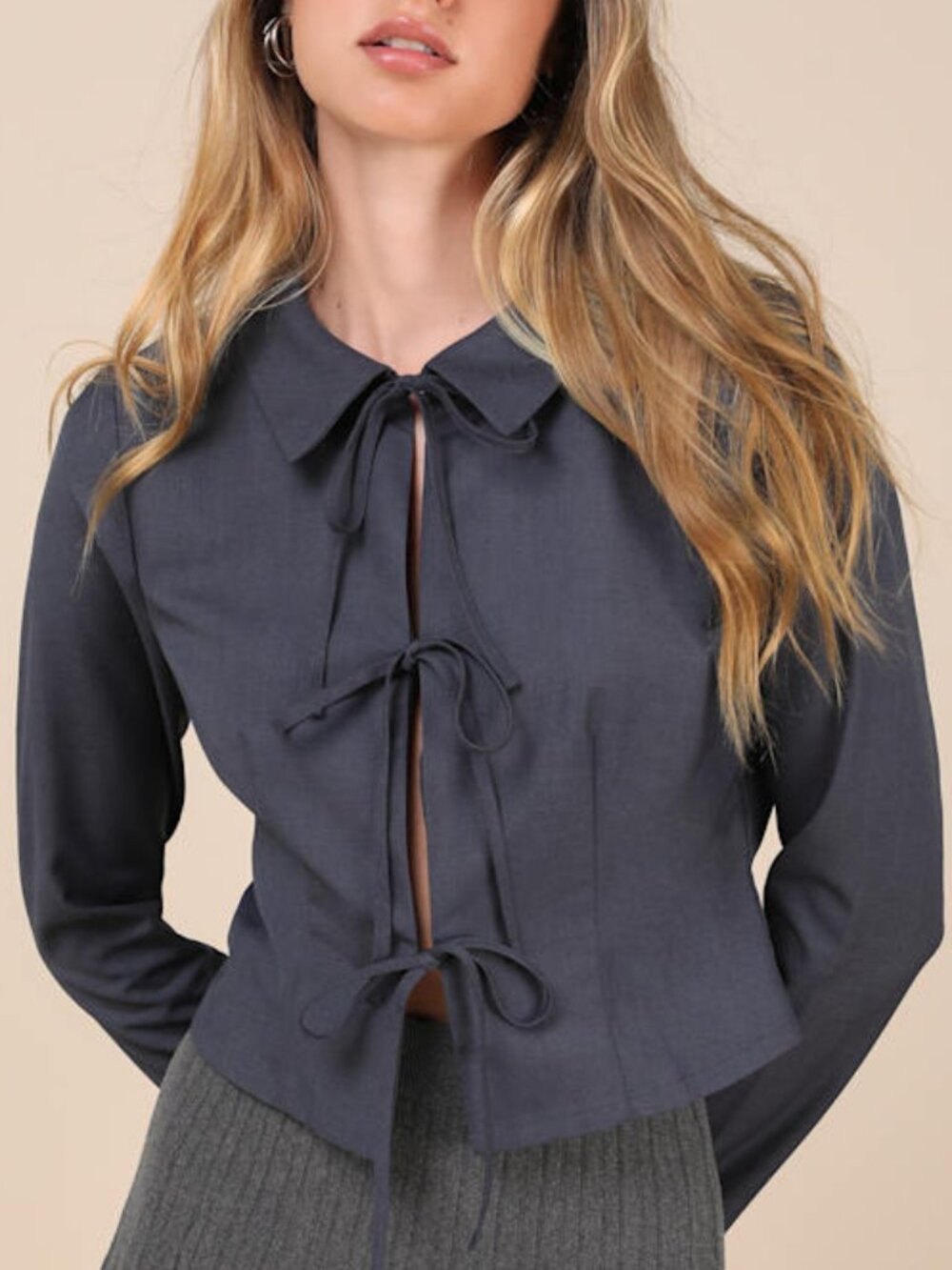 Lulus Trendy Potential Dark Slate Tie-front Long Sleeve Top Blue - Size XS